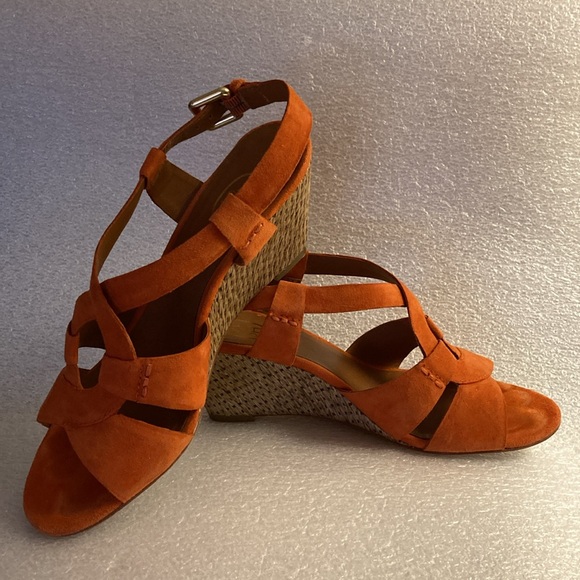 ASH Orange Suede Slingback Lattice Wedge Heel Sandals & Gold Buckle - Sz 37 - Picture 2 of 13